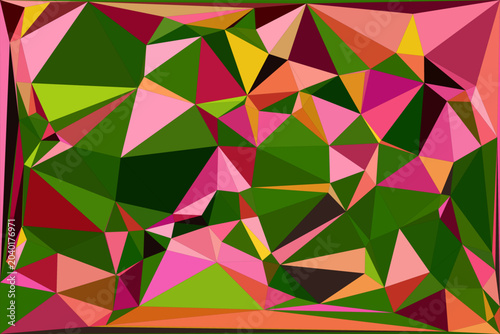 Vibrant triangular mosaic pattern with forest green and coral pink geometric compositions.