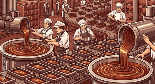Chocolate factory workers pouring chocolate.