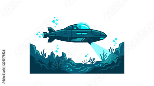 Submarine Exploring Ocean Floor Underwater.