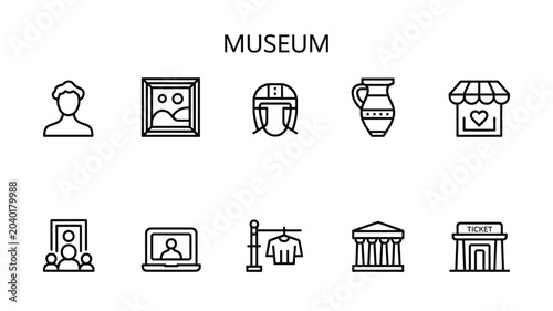 Tableau sur toile Museum Icon Set: A collection of clean, modern icons representing various aspects of a museum experience, including art, artifacts, visitors, and the building itself, presented in a clear