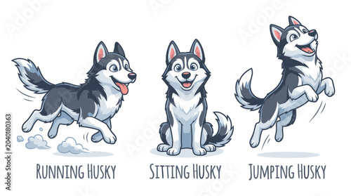 Three Husky Dogs in Different Poses.