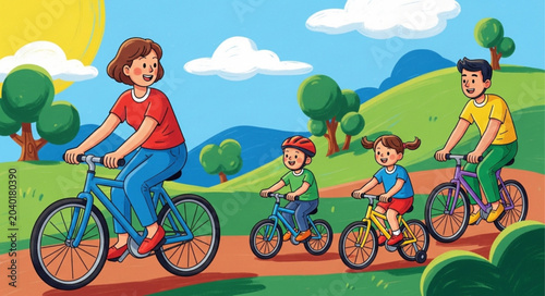 Foto Family Riding Bicycles Together Outdoors on a Sunny Day.