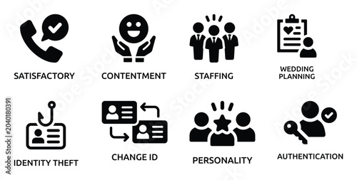 Foto Collection of representing various concepts: satisfaction, contentment, staffing