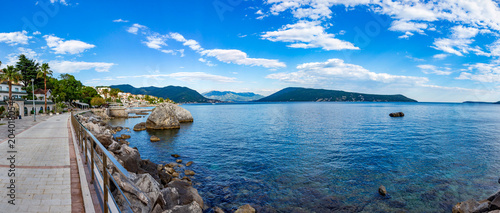 Breathtaking panoramic vista of the vibrant Herceg Novi waterfront promenade and the sweeping waters of the Kotor Bay