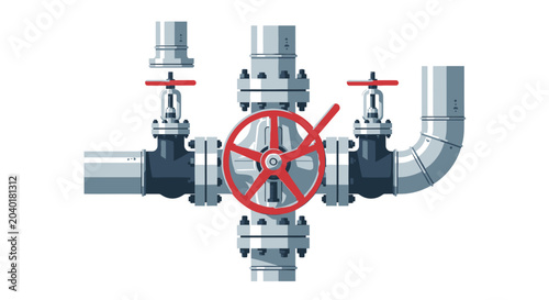 Industrial Pipeline Manifold System with Precision Steel Valves and Red Control Handwheels for Efficient Fluid Flow Management and Infrastructure Engineering