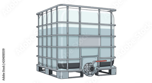 Industrial Intermediate Bulk Container IBC tank for liquid storage with protective metal cage and pallet base on white background