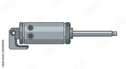Grey industrial linear actuator mechanism vector illustration, depicting a hydraulic pneumatic cylinder with a piston rod and bracket, essential for automation and machinery applications