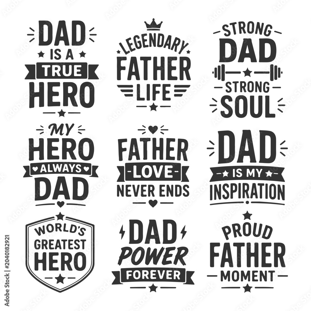 Fototapeta premium Father’s Day Typography SVG Bundle, Best Dad Quotes Vector Design Black and White
