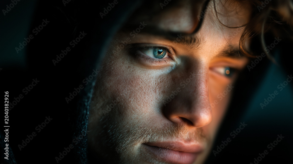 Fototapeta premium Close-up Portrait of Thoughtful Young Man with Blue Eyes in Dark Light