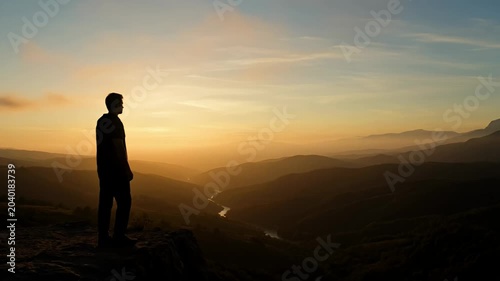 Silhouette Man Gazing at Sunrise Over Misty Mountains, Hopeful Horizon