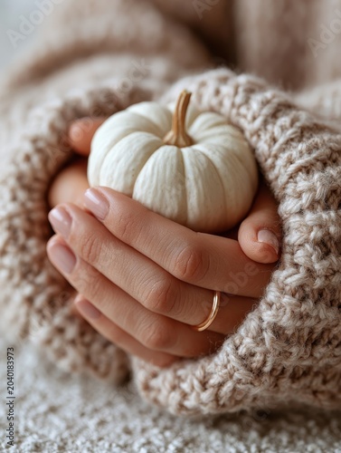 Close-up of a hand with a simple wedding ring holding a miniature white pumpkin, cozy knit sweater cuff visible