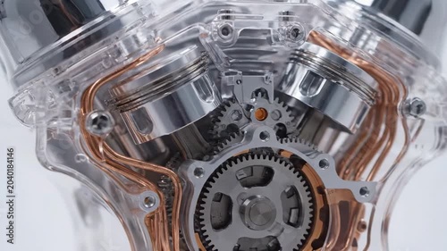 Close-up of internal engine parts revealing complex mechanics and craftsmanship. Bright clean background highlights precision engineering. Concept of automotive, manufacturing, engineering