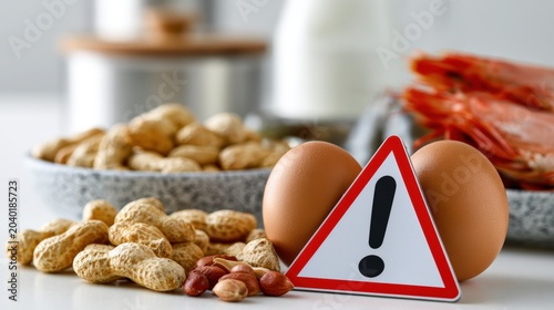 food allergen display, commercial quality realistic display of labeled food allergens on table including peanuts, milk, eggs, and seafood with warning signs