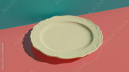 Empty vintage ceramic plate casting shadow on colorful geometric background