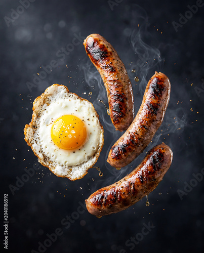 Dynamic scene with fried egg and sausages floating in the air. Gourmet gastronomic image concept