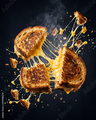Dynamic scene of a toast with melted cheese floating in the air. Gourmet gastronomic image concept