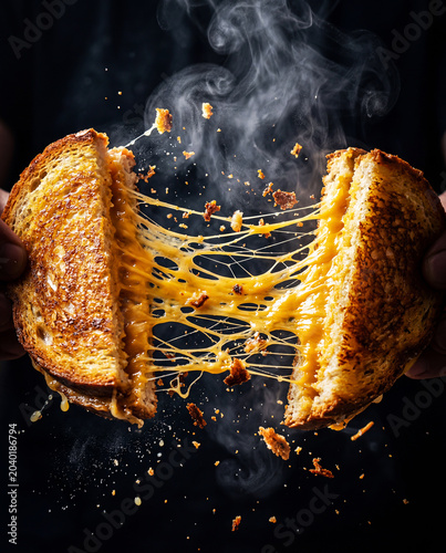 Dynamic scene of a toast with melted cheese floating in the air. Gourmet gastronomic image concept