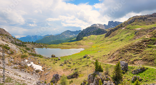 Canvastavla spring landscape lake Valparola, near pass road