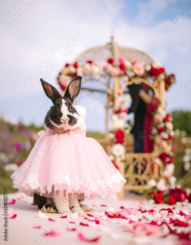 Elegant bride in floral decorated wedding arch.