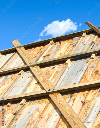 Weathered wooden barn roof against clear sky.