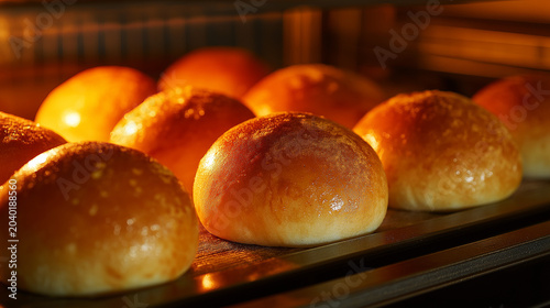 Freshly baked golden bread rolls cooling on oven rack with warm lighting