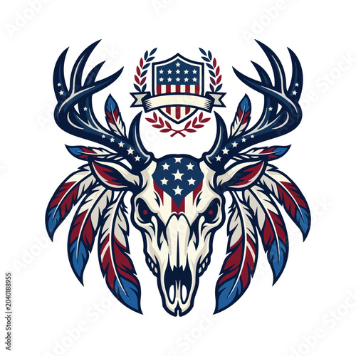Deer skull with antlers and tribal feathers american patriotism wildlife illustration patriotic taxidermy adventure wilderness traditional