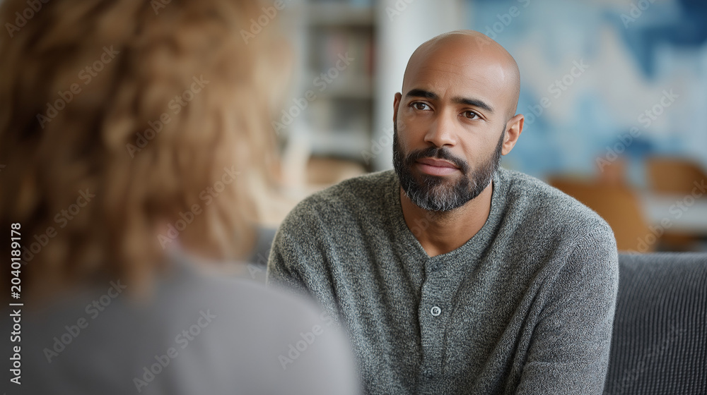 Obraz premium Professional African American man attentively listening during office meeting