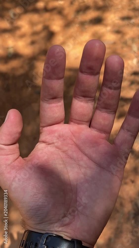 Dirty worker hand with open palm showing skin details outdoors
