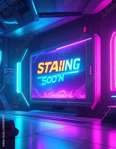 Neon sign stating soon in futuristic nightclub.