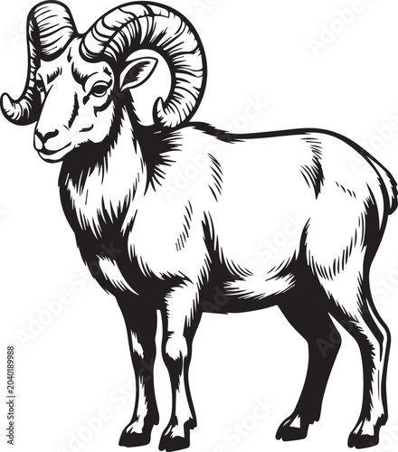 Foto Black and white ram with large horns standing isolated on transparent background