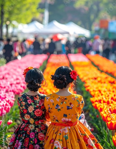 Colorful butterfly garden with vibrant flowers and people.