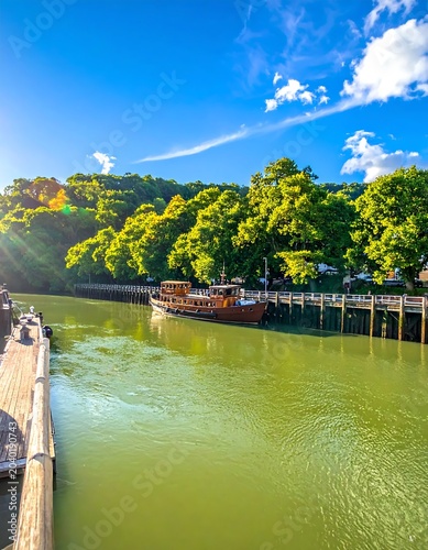 Serene river landscape with wooden bridge and lush greenery.