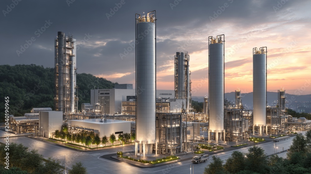 Naklejka premium The heart of natural gas: majestic storage towers at dusk. Neon poster. Natural gas storage facility with subtle evening hues. High contrast. Digital artwork.
