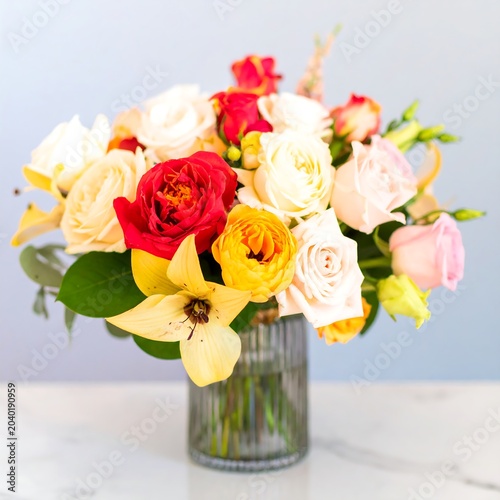 Colorful flower arrangement in glass vase.