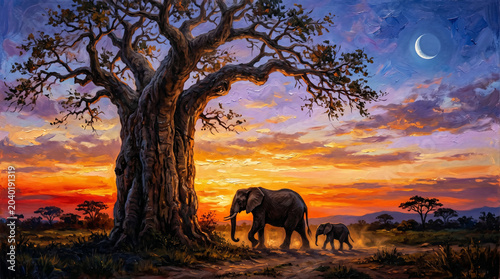 A majestic baobab tree at sunset frames a matriarch elephant and her calf, with a crescent moon in a vibrant evening sky.