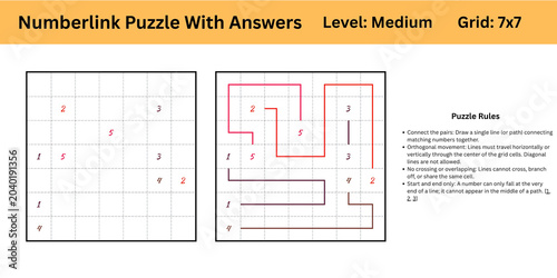 Number link Puzzle With Answers Level Medium Grid 7x7 best to enhance brain muscle memory for both kids and adults perfect for digital use or large print activity or books publishing