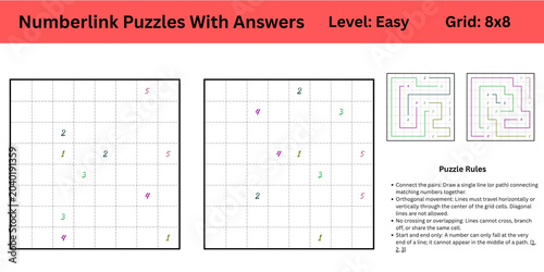 Number link Puzzles With Answers Level Easy Grid 8x8 best to enhance brain muscle memory for both kids and adults perfect for digital use or large print activity or books publishing