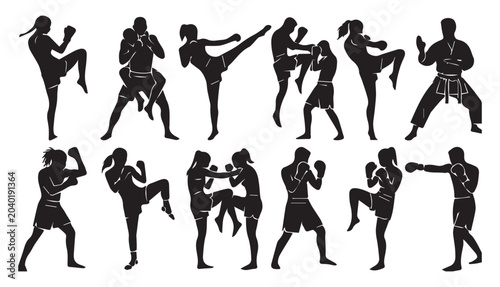 Foto Martial Arts Silhouettes: Kickboxing Muay Thai Karate Fighters