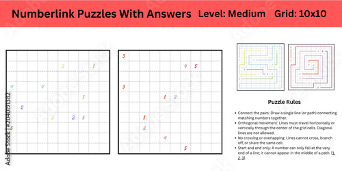Number link Puzzles With Answers Level Medium Grid 10x10 best to enhance brain muscle memory for both kids and adults perfect for digital use or large print activity or books publishing