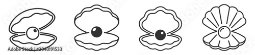 Photos Set of clam shells with pearls line icons collection vector illustration on tran