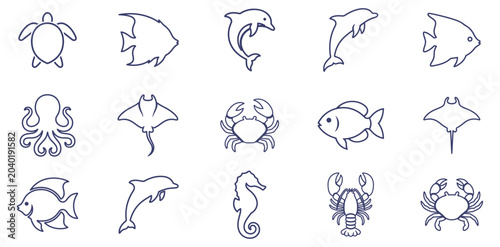 Foto set of marine animal icons line art vector illustration on transparent backgroun