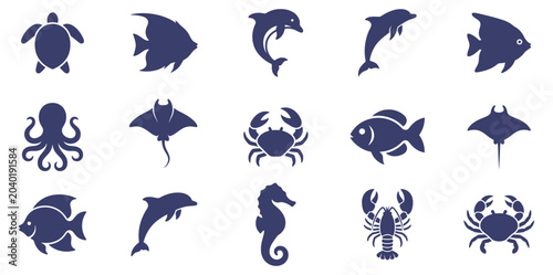Foto sea animal icons set with fish turtle dolphin octopus stingray crab seahorse and