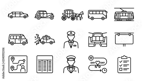 Vászonkép Transportation Icons Set: Vintage Cars, Modern Vehicles, Cabs, Drivers, and Rout