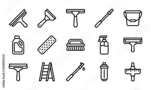 Fotografie Cleaning Tools Vector Icons Set: Squeegees, Buckets, Sprayers for Home and Comme