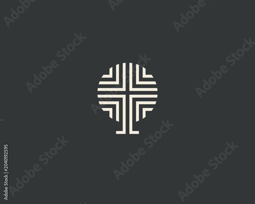 Abstract tree vector logo of geometric lines. Minimalist circle maze logotype for eco, architecture, real estate, furniture companies and organic startups