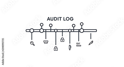 Audit log timeline concept with icons of view, edit, and security isolated on white background