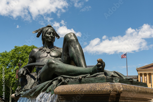 Sunny spring view of the Washington Monument Fountain in Philadelphia, Pennsylvania with vibrant colors and detail views.