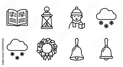 Foto Christmas Carol Icons: Music Book, Lantern, Singer, Snow, Wreath, Bells, Vector