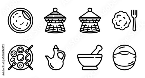 Fotografie Ethiopian Food Icons, Injera Plate, Coffee Pot, Mortar Pestle, Traditional Cuisi