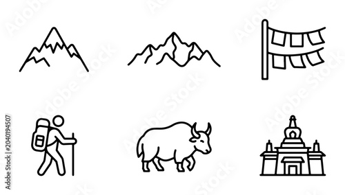 Tableau sur toile Nepal Icons Set: Mountains, Trekker, Yak, Prayer Flags, Temple, Adventure Travel